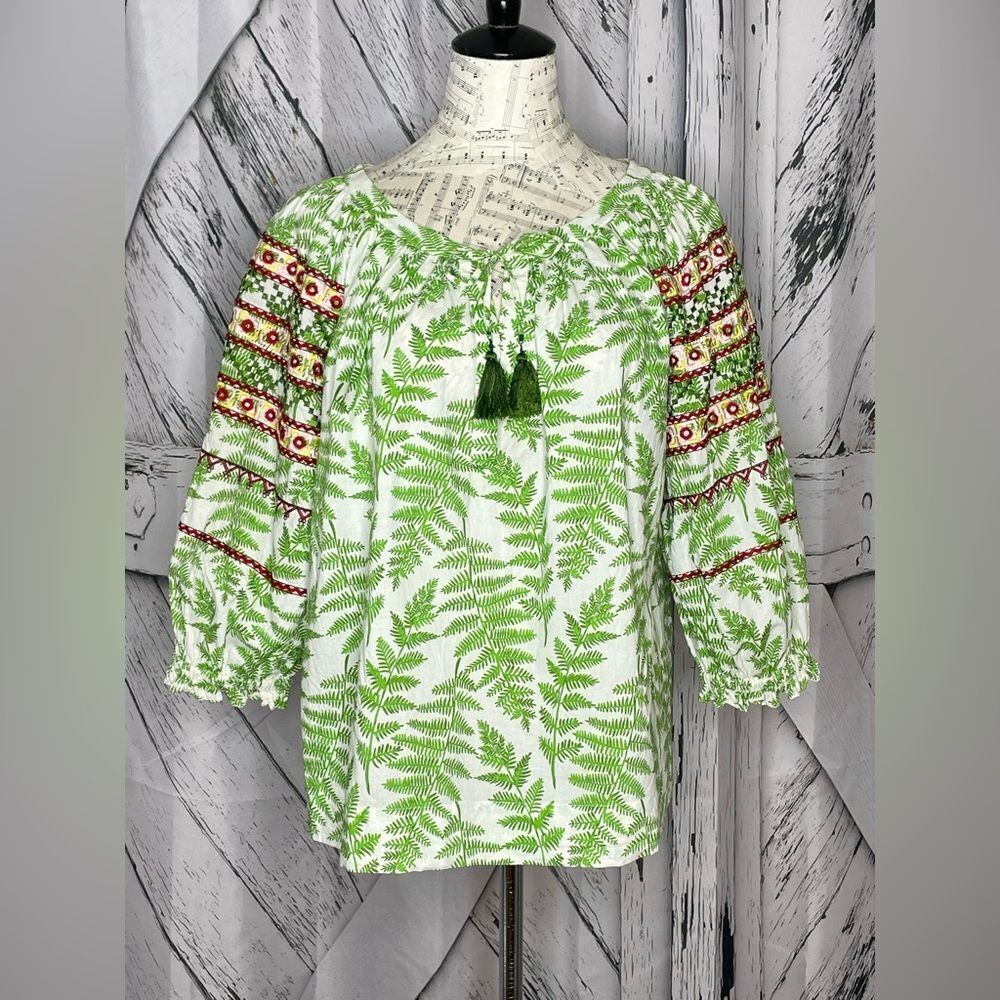 Saloni Fern Botanical Print Embroidered Peasant Top Size 4